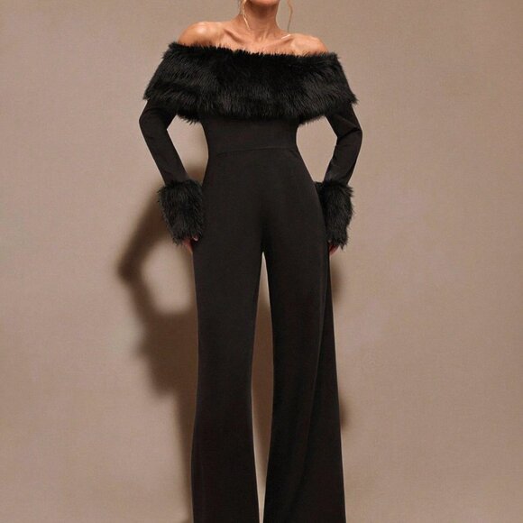 Black Party Women's Off Shoulder Fuzzy Long Sleeve Jumpsuit - Picture 7 of 7